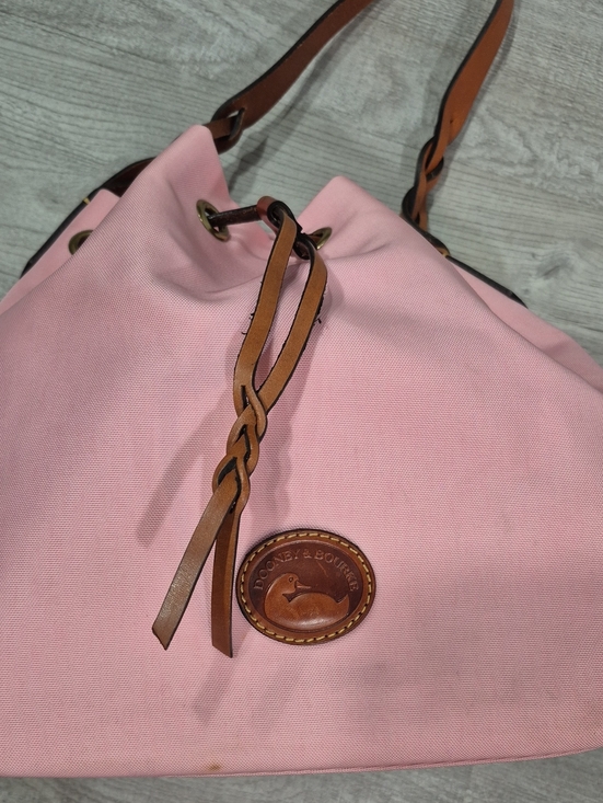 Dooney & Bourke Handbags - Dooney & Bourke Pink Canvas Drawstring Shoulder Bag with Brown Leather Trim